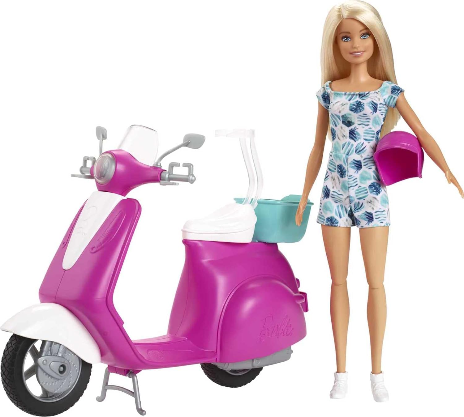 Barbie Doll Blonde, Pink and White Scooter with Kickstand and Teal Basket