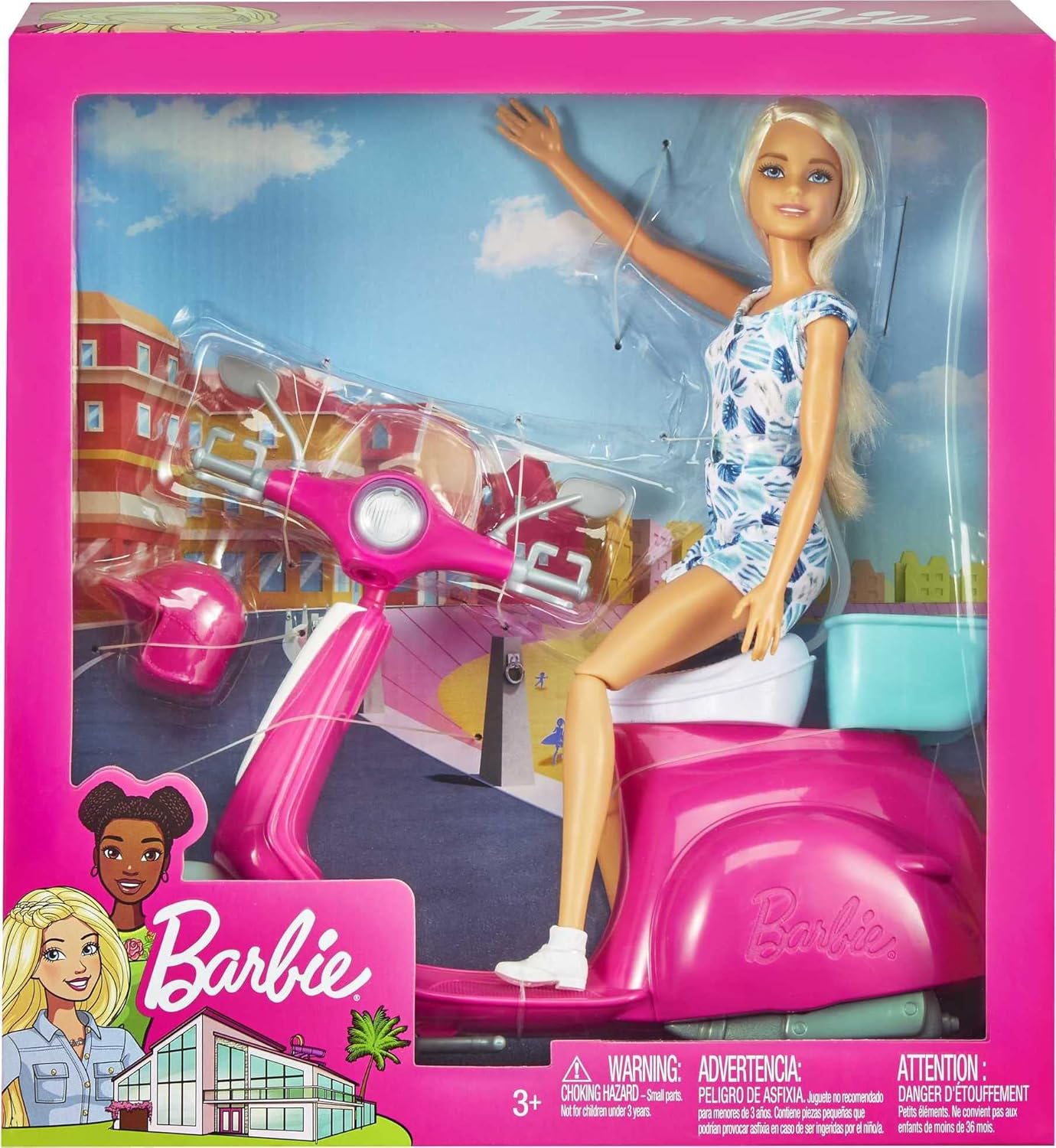 Barbie Doll Blonde, Pink and White Scooter with Kickstand and Teal Basket