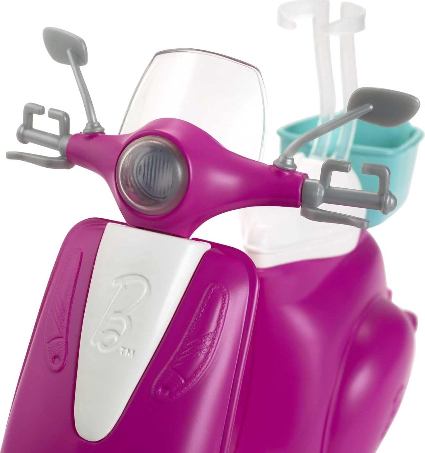 Barbie Doll Blonde, Pink and White Scooter with Kickstand and Teal Basket