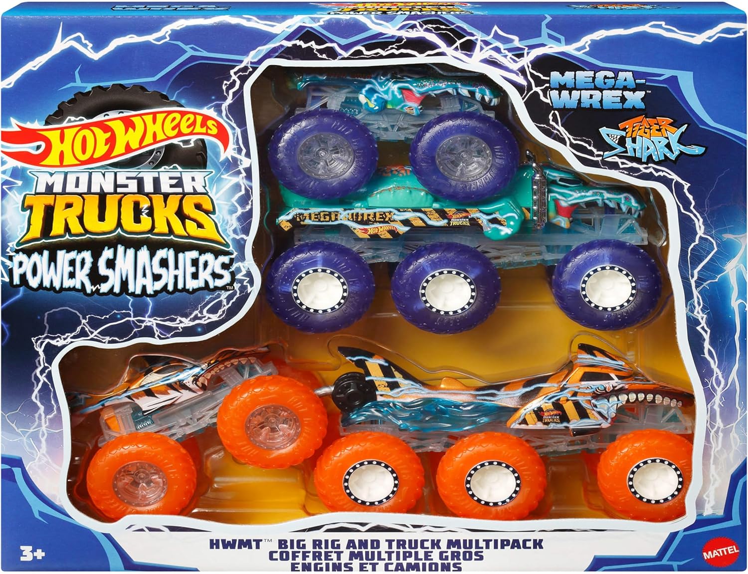 Hot Wheels Monster Trucks Mega-Wrex and  Tiger Shark with Big Rigs in Matching Power Smashers