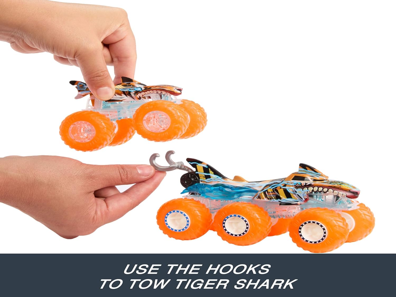 Hot Wheels Monster Trucks Mega-Wrex and  Tiger Shark with Big Rigs in Matching Power Smashers