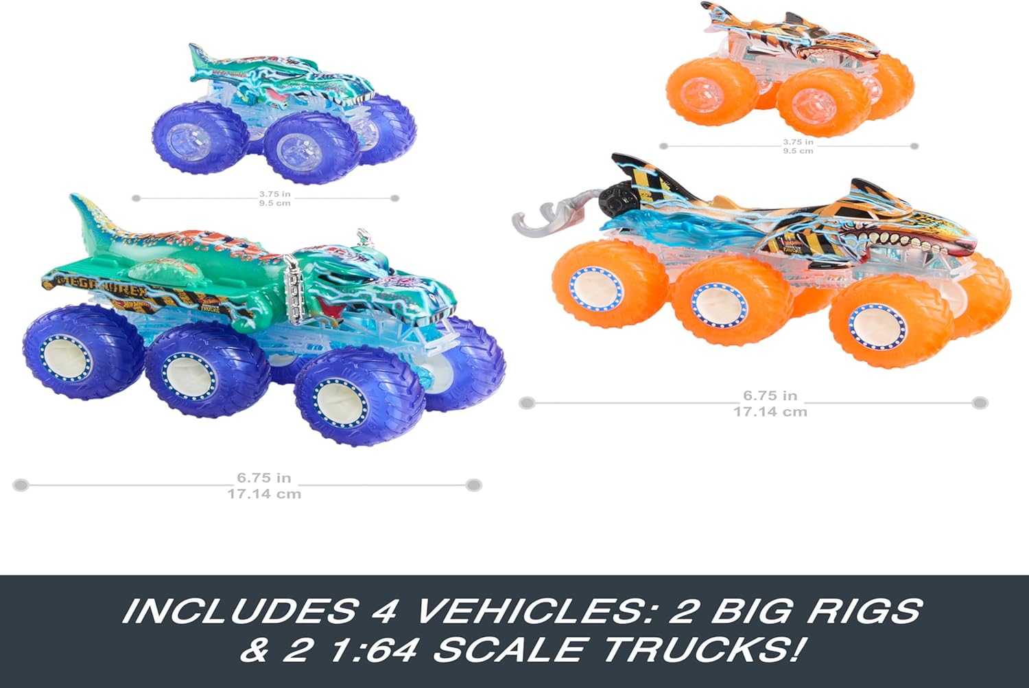 Hot Wheels Monster Trucks Mega-Wrex and  Tiger Shark with Big Rigs in Matching Power Smashers