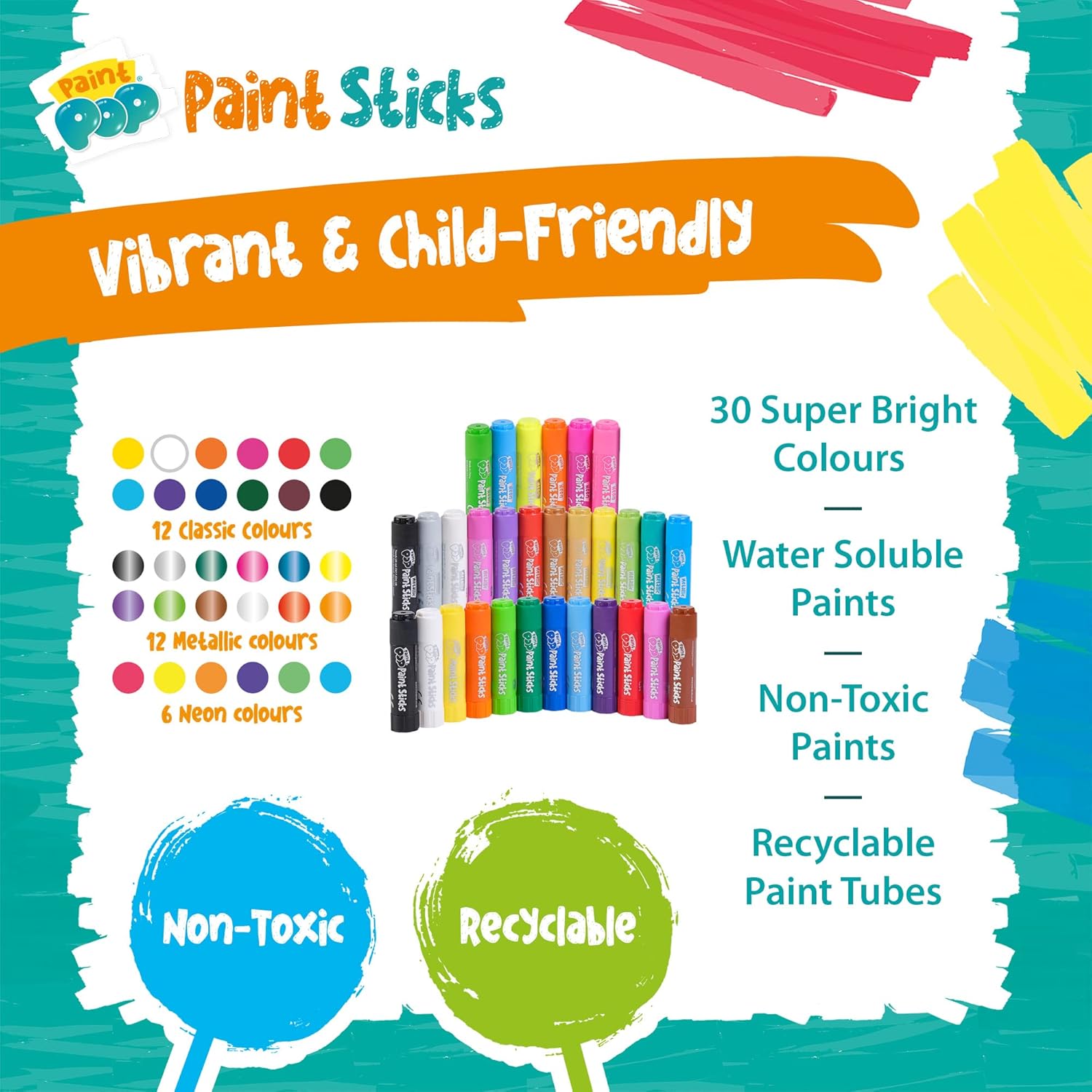 Paint Pop Paint Sticks For Kids 30 Pack Assorted Colours & Giant Storage Tube