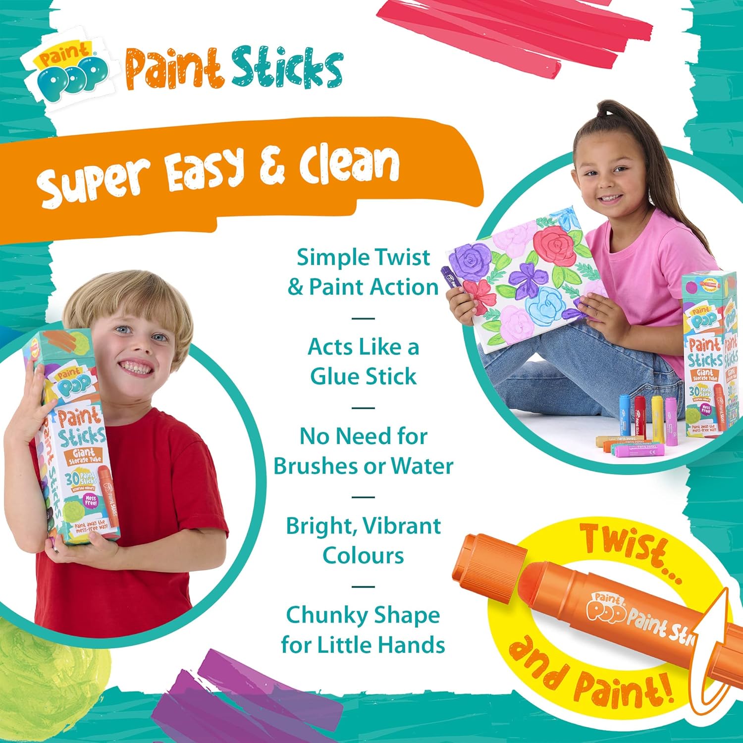 Paint Pop Paint Sticks For Kids 30 Pack Assorted Colours & Giant Storage Tube