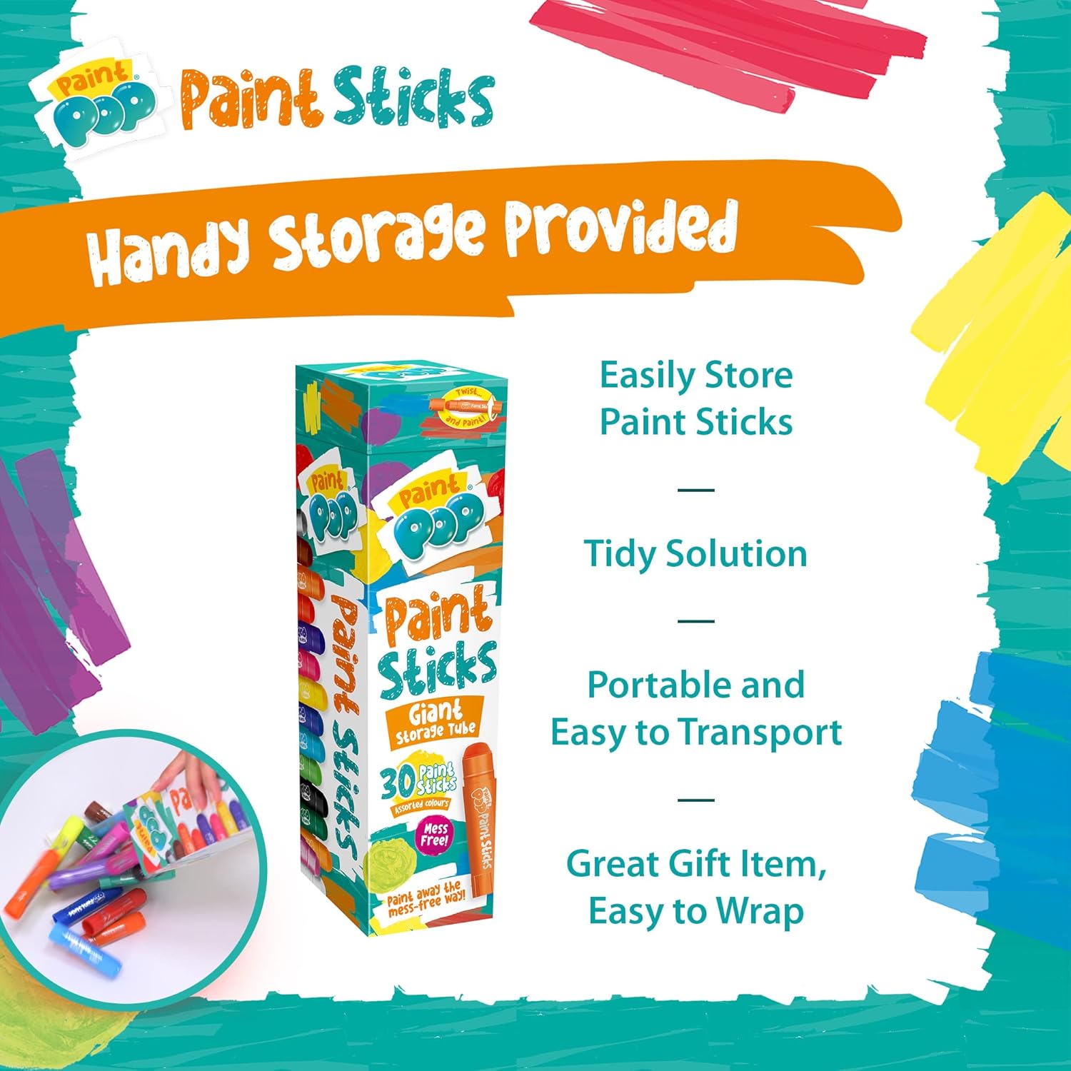 Paint Pop Paint Sticks For Kids 30 Pack Assorted Colours & Giant Storage Tube