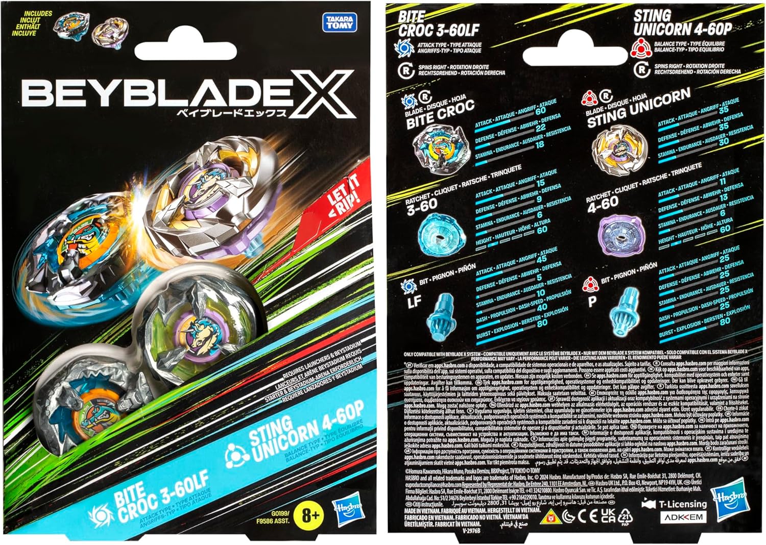 Beyblade X Bite Croc 3-60LF and Sting Unicorn 4-60P Top Dual Pack Set