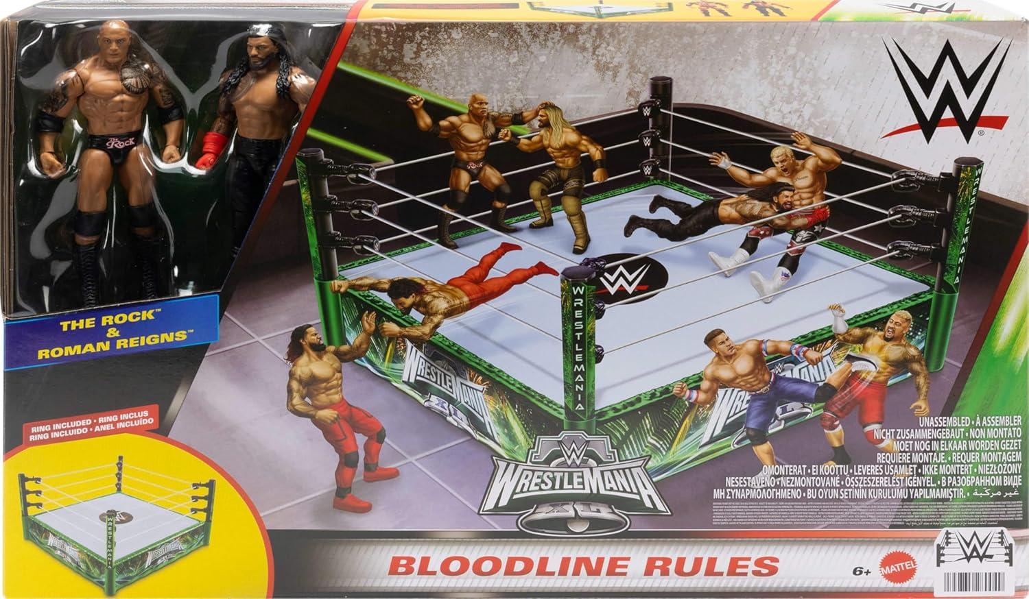 Mattel WWE Bloodline Rules Playset with Ring And 2 6-inch Action Figures THE ROCK & ROMAN REIGNS