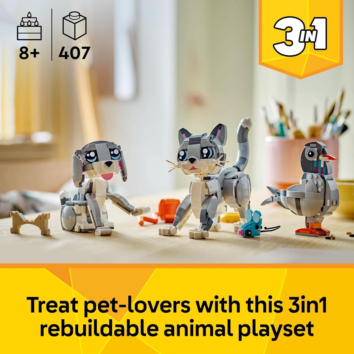 LEGO Creator 3in1 Playful Cat Toy - Animal Figure Transforms into a Pigeon or Pet Dog Model