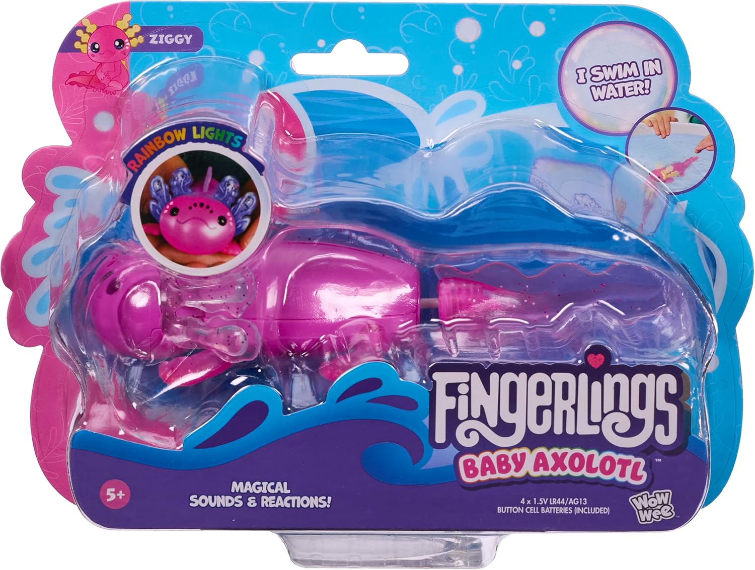 Fingerlings Interactive Baby Axolotl, Ziggy (Magenta), Swims & Lights Up