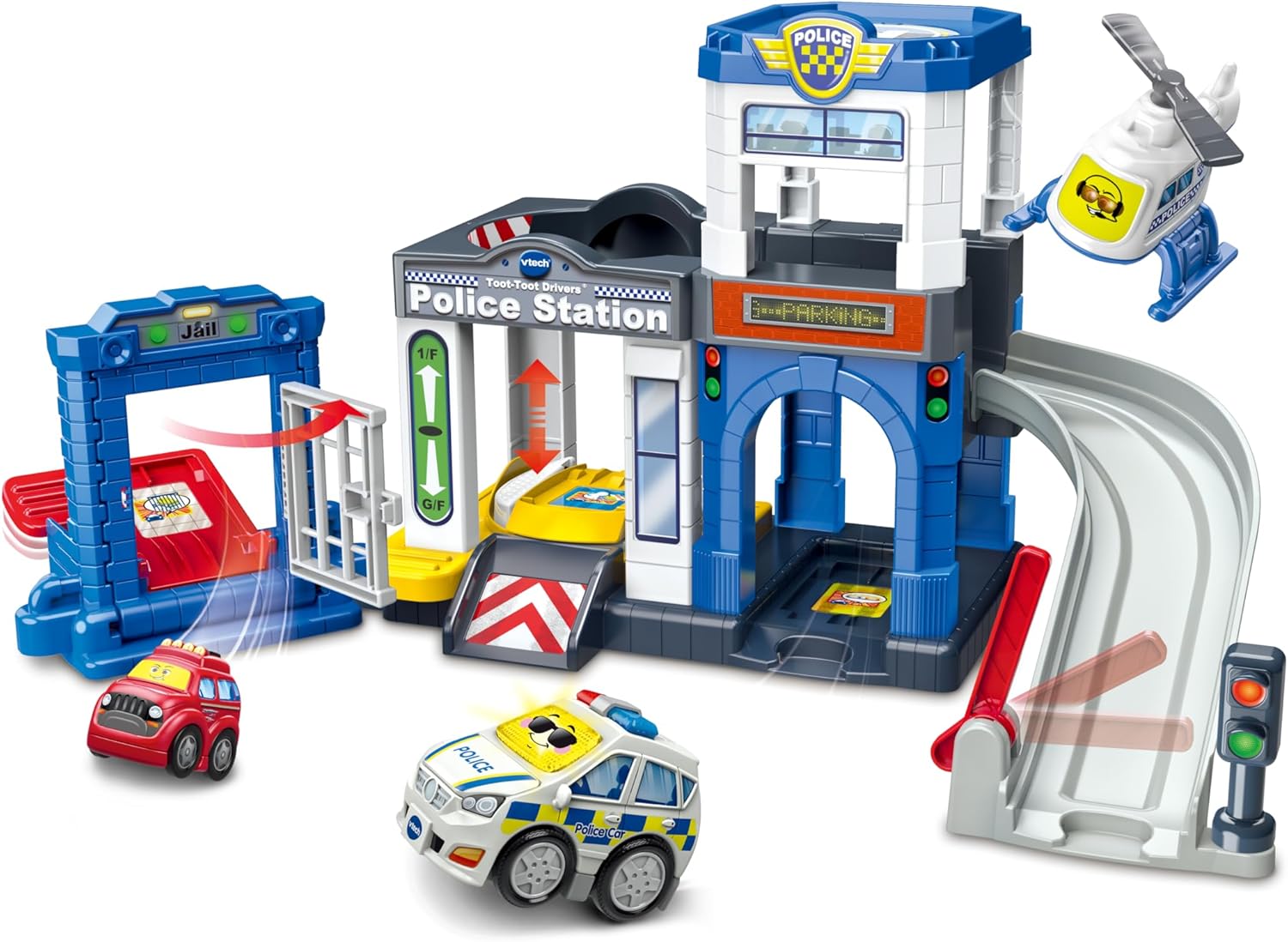 Toot-Toot Drivers Police Station Car Playset includes Police Car Toy, Helicopter & Getaway car