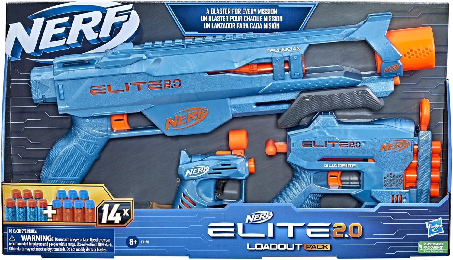NERF Elite 2.0 Loadout 3-Blaster Pack Technician DS-2, Quadfire QS-4, Ace SD-1 Blasters & 14 Elite Darts
