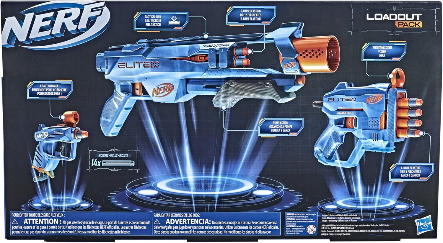 NERF Elite 2.0 Loadout 3-Blaster Pack Technician DS-2, Quadfire QS-4, Ace SD-1 Blasters & 14 Elite Darts