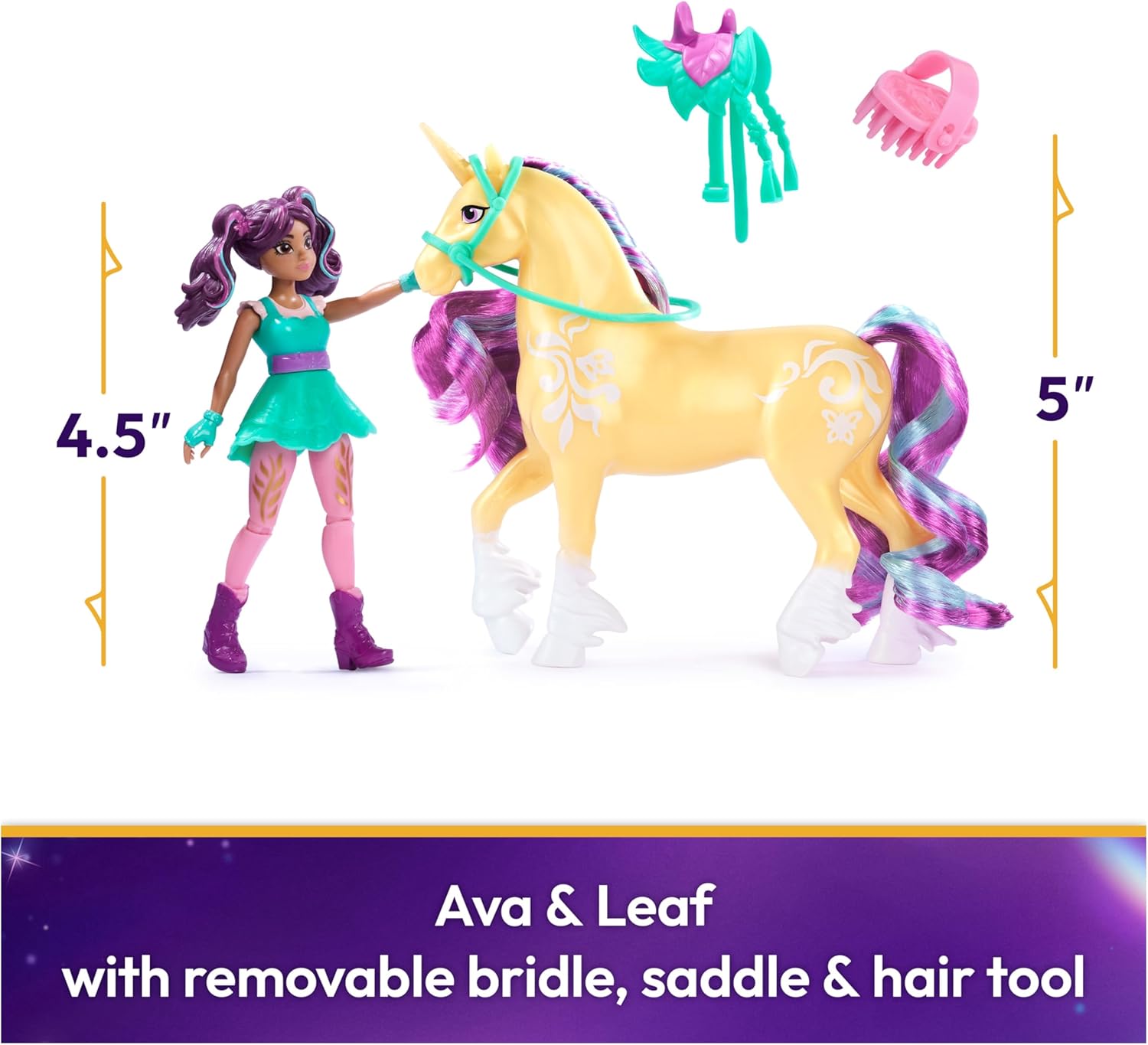 Unicorn Academy AVA & LEAF Set with 2 Riding Accessories and Hair Styling Tool