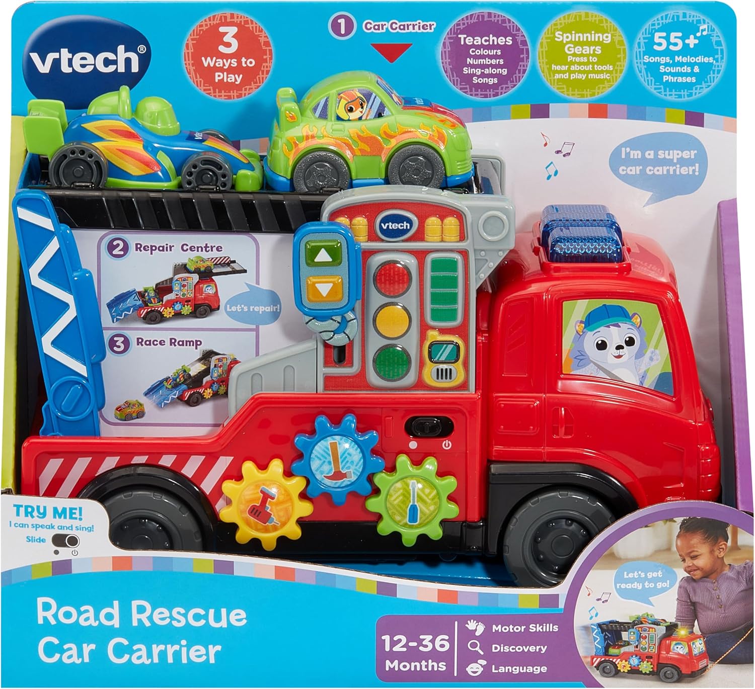 VTech Road Rescue Interactive Car Carrier Truck, Includes 2 Cars & 55+ Sound Effects