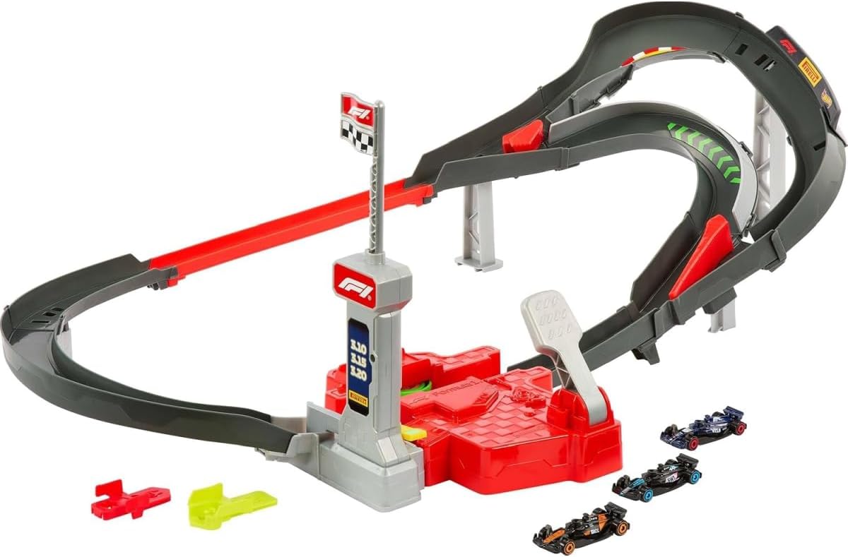 Hot Wheels Toy Car Track Set 3 Formula 1 Die-Cast Vehicles in 1:64 Scale: McLaren F1 Team, Alpine & VCARB, Sprint Race Circuit