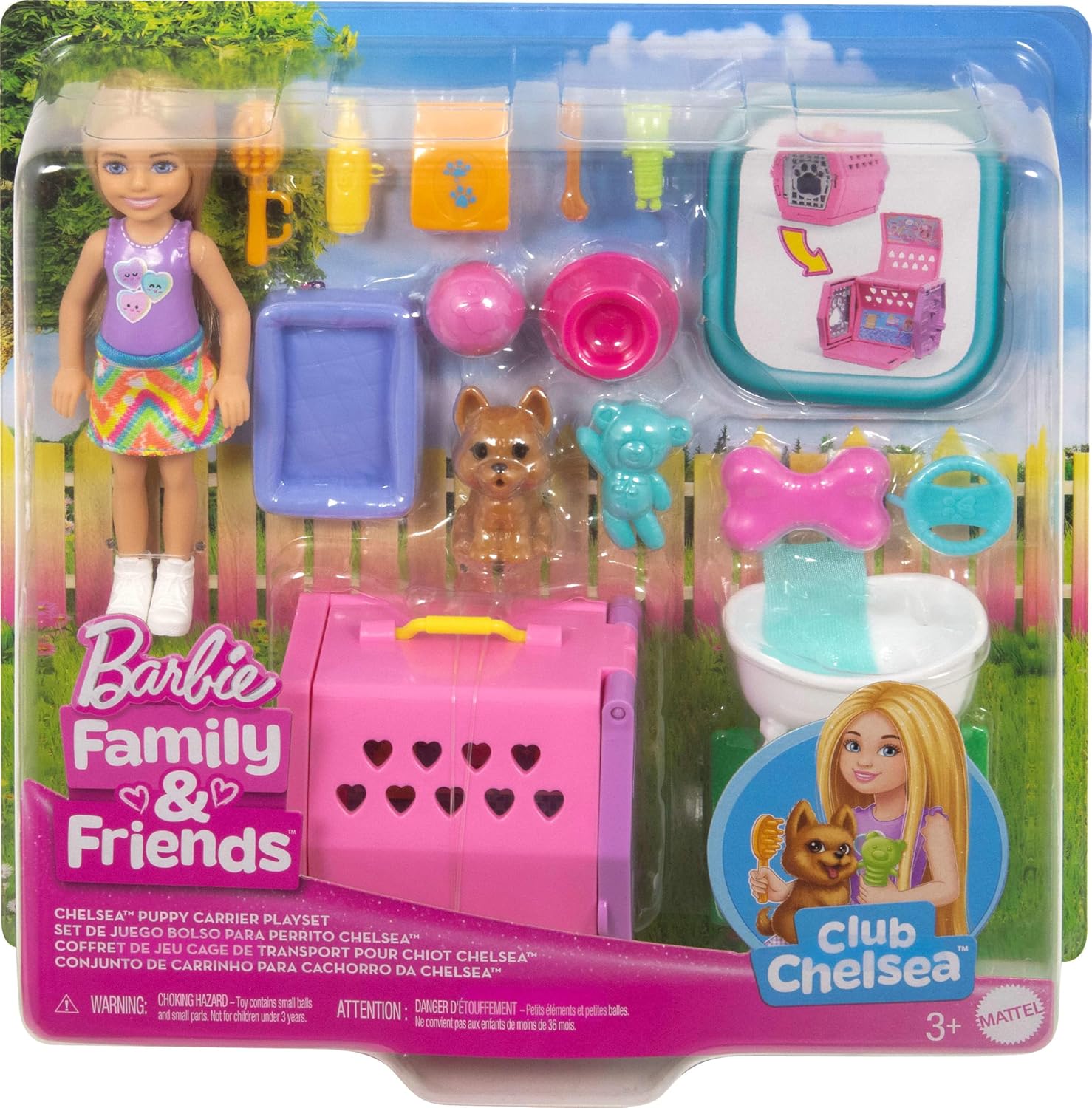 BARBIE Chelsea Puppy Carrier Playset Blonde Small Doll and Accessories