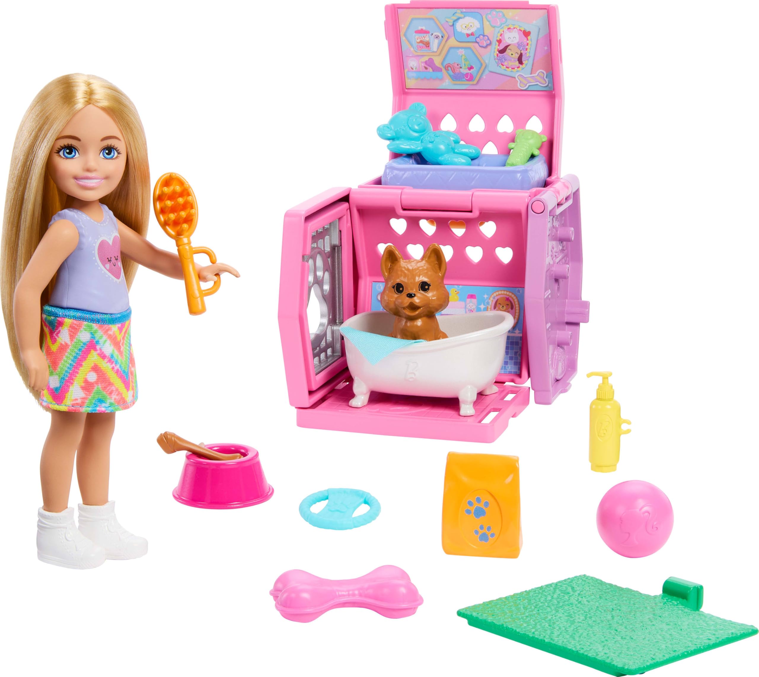 BARBIE Chelsea Puppy Carrier Playset Blonde Small Doll and Accessories