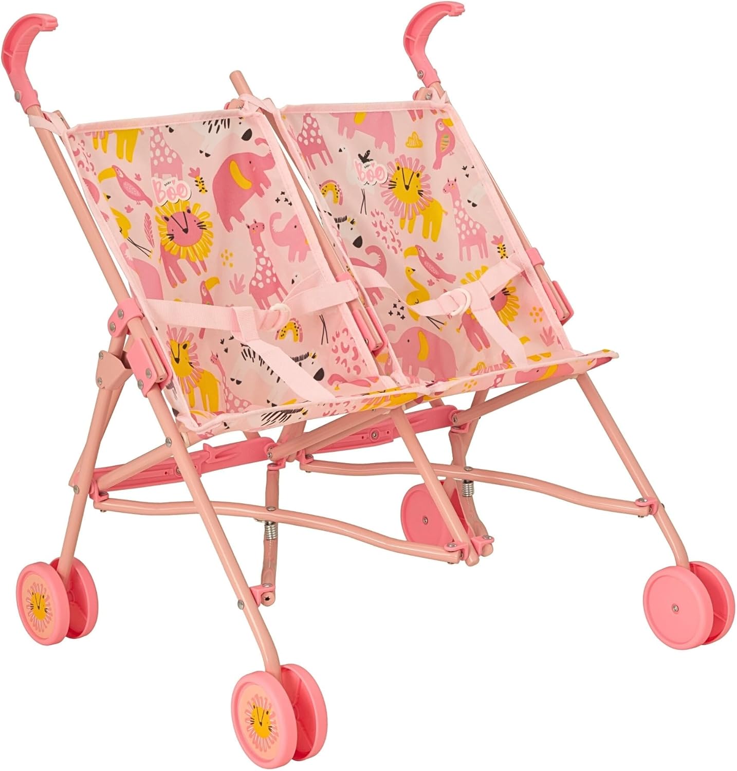 BabyBoo Twin Stroller Childrens Double Stroller Pram In Pink Jungle For Dools