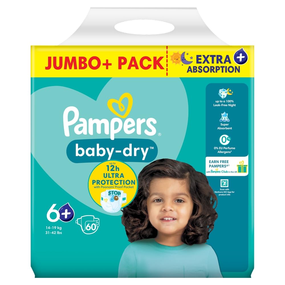 Pampers Baby Dry Nappies Full Cut Taped Size 6+ Giant Plus Pack of 60