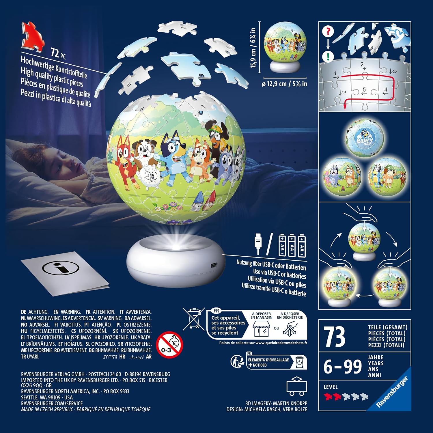 Ravensburger Bluey Nightlight Puzzle Ball 72 Piece 3D Jigsaw Puzzle