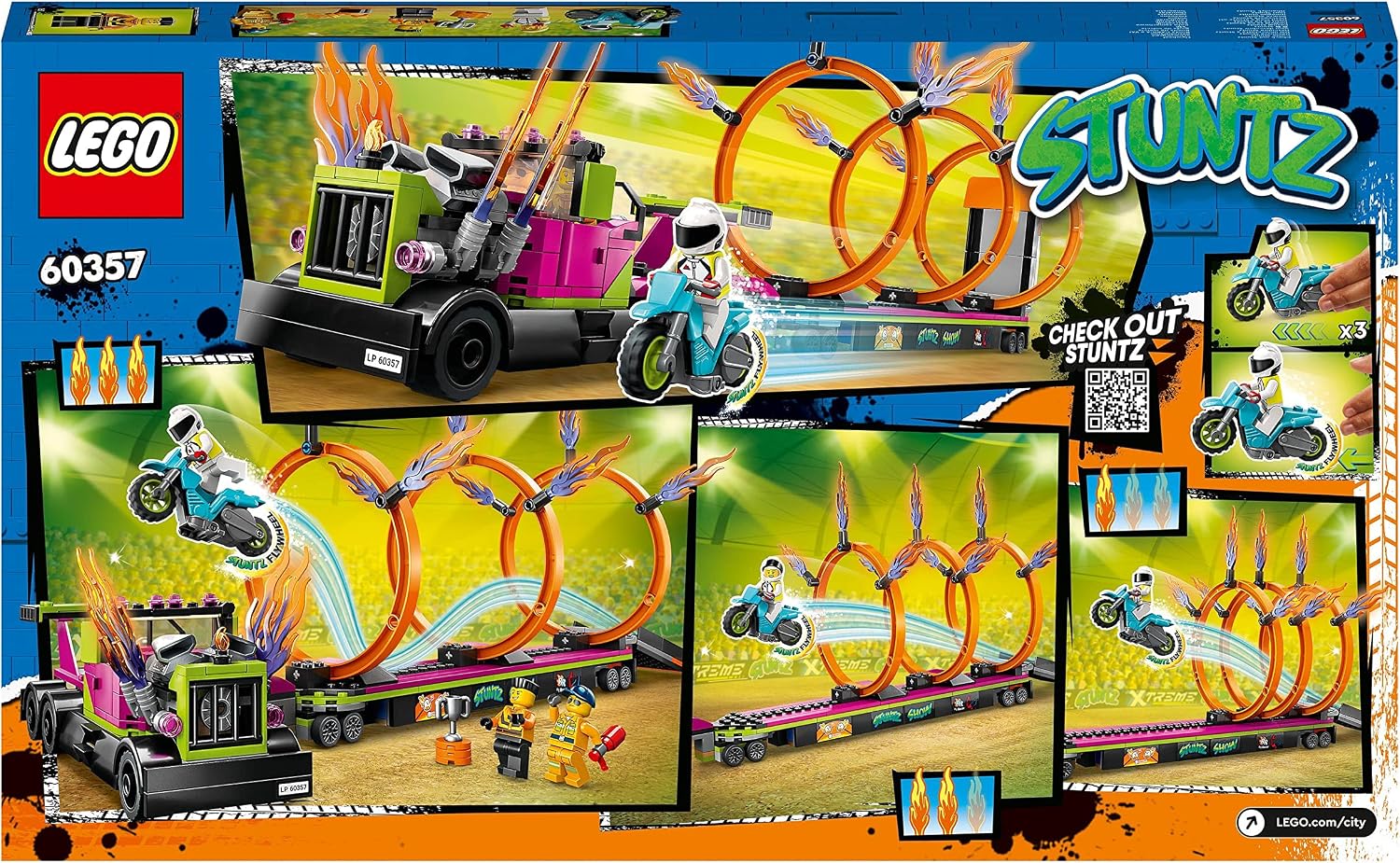 LEGO 60357 City Stuntz Stunt Truck & Ring of Fire Challenge with Flywheel-Powered Motorbike