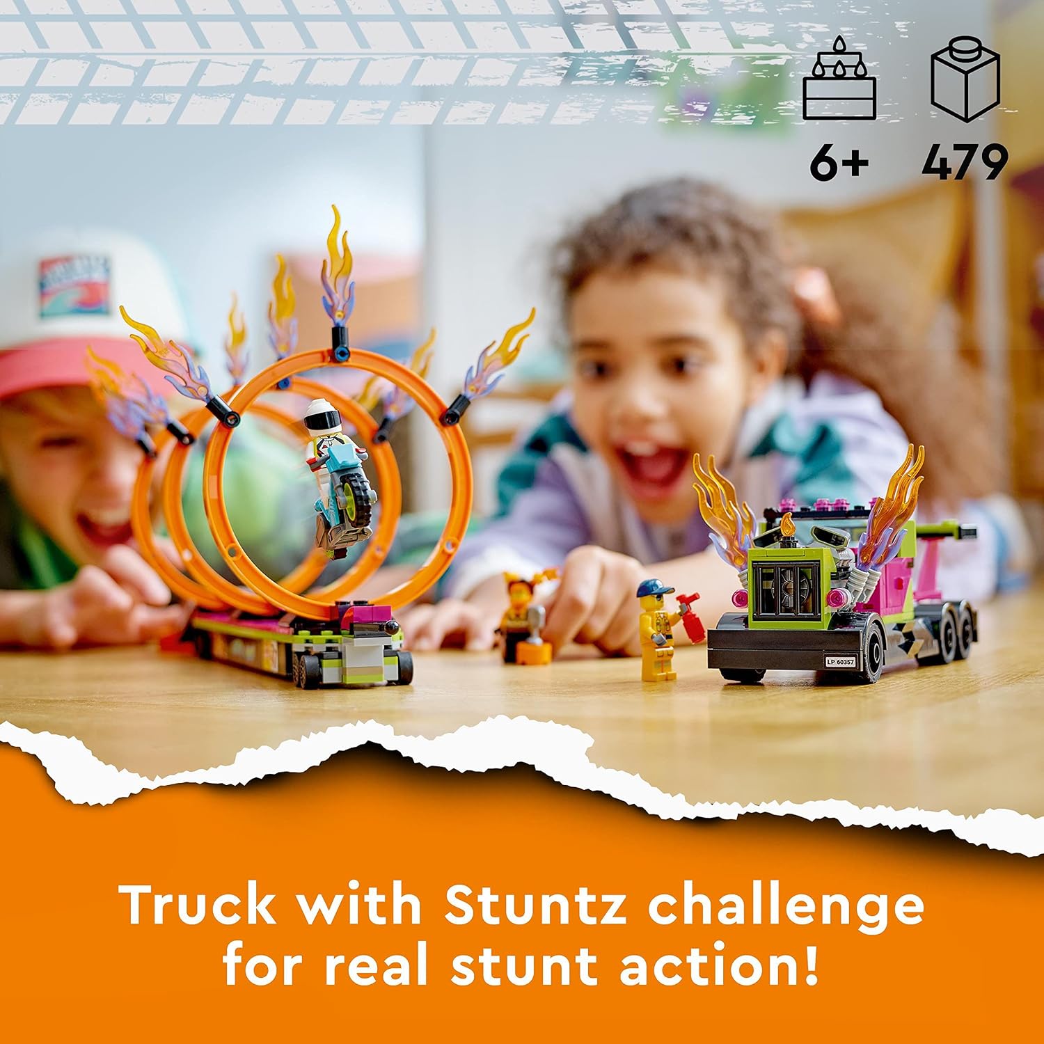 LEGO 60357 City Stuntz Stunt Truck & Ring of Fire Challenge with Flywheel-Powered Motorbike