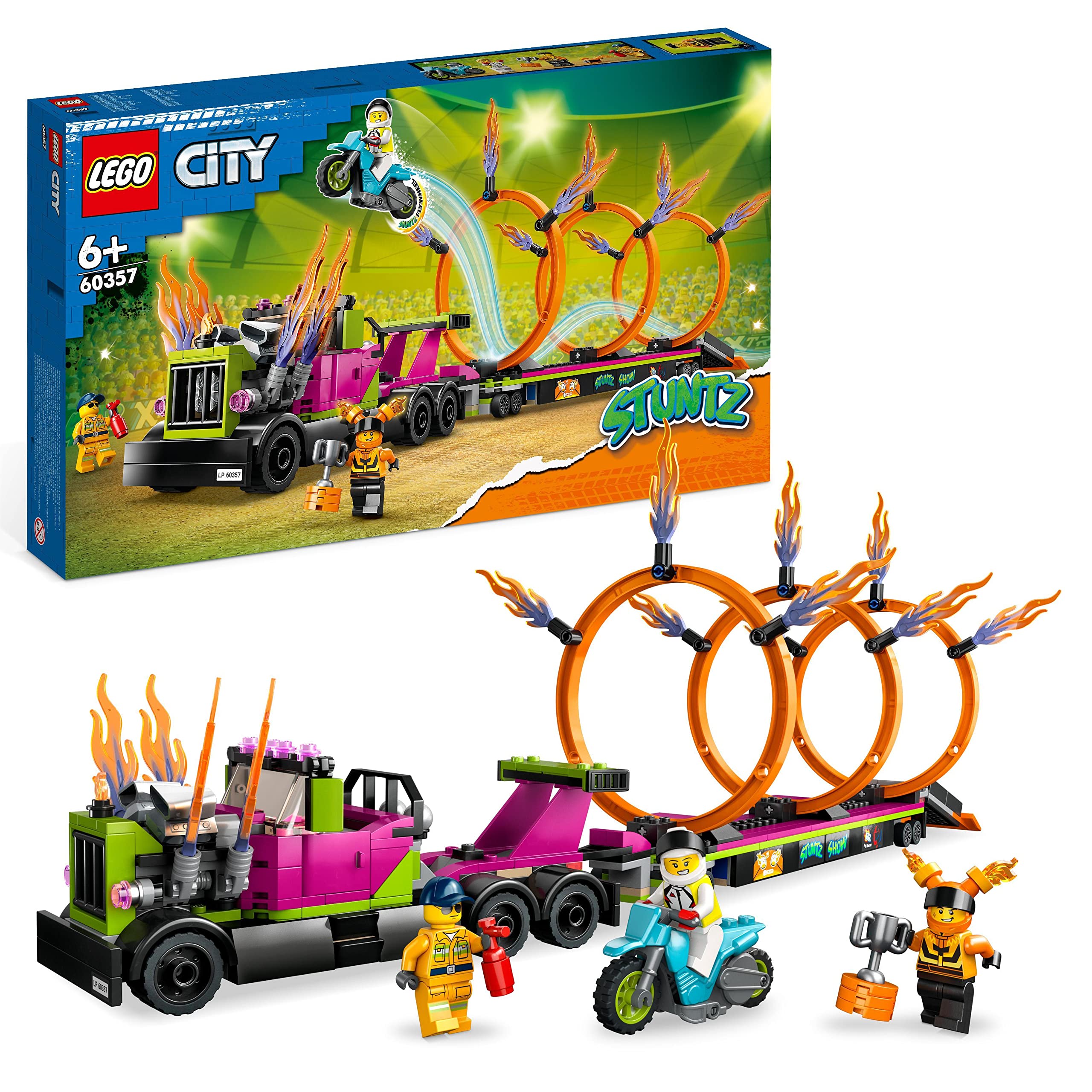 LEGO 60357 City Stuntz Stunt Truck & Ring of Fire Challenge with Flywheel-Powered Motorbike