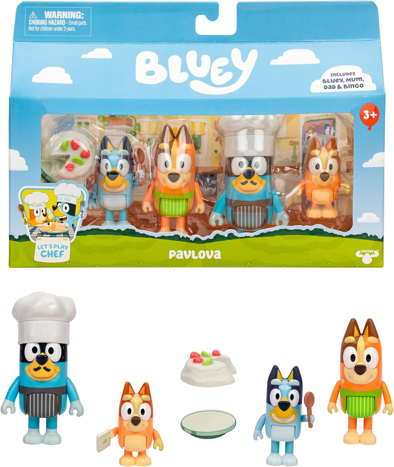 Bluey PAVLOVA 4 Pack Toy Figure Playset Includes, Bingo, Chef Bandit