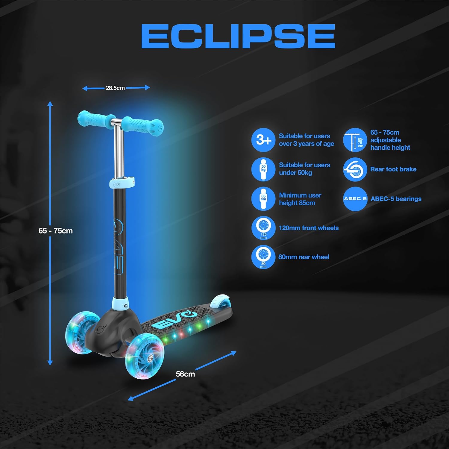 Evo Eclipse Light-Up 3 Wheeled Kids Scooter Blue