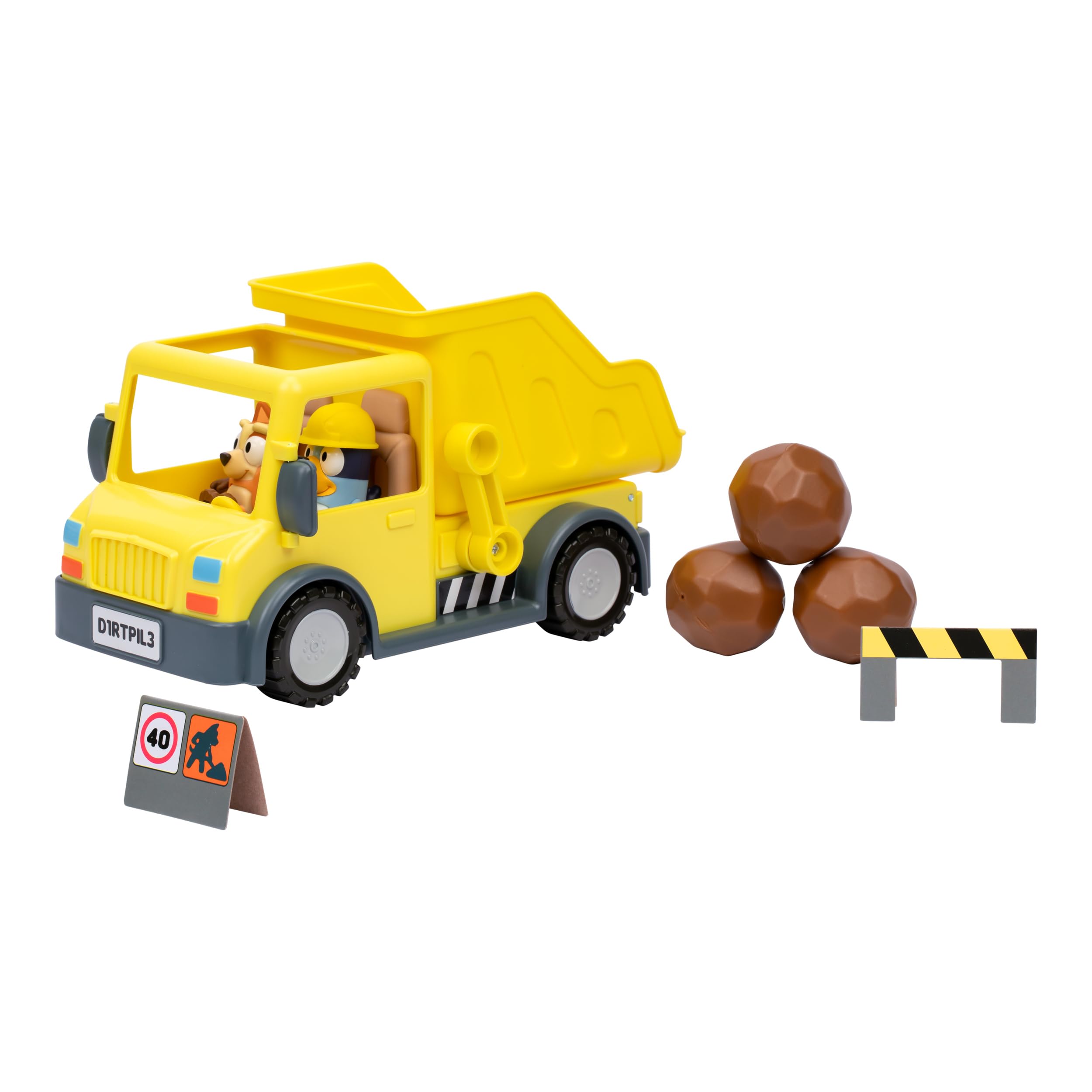 Bluey Sturdy Working Toy Dump Truck with 2 Articulated Figures and 3 Huge Boulders