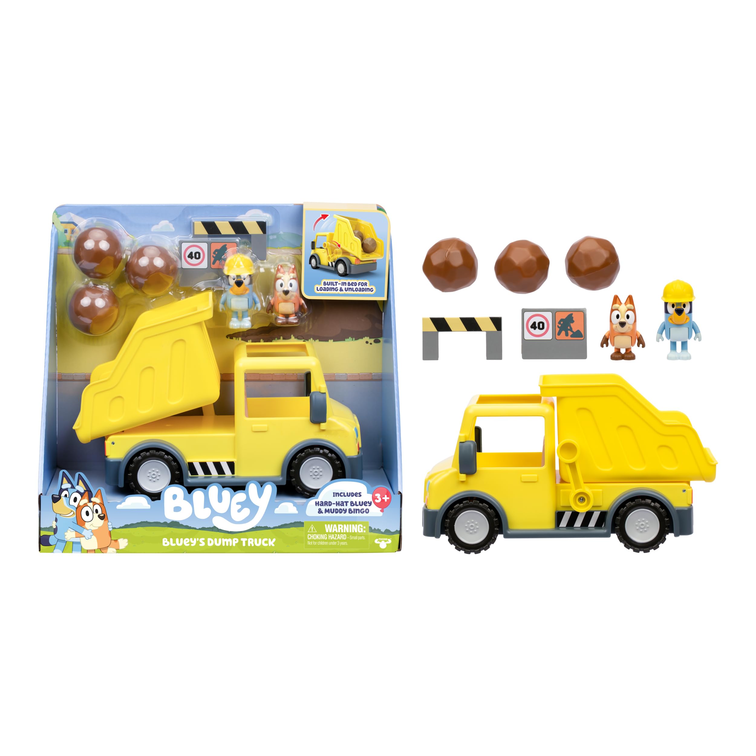 Bluey Sturdy Working Toy Dump Truck with 2 Articulated Figures and 3 Huge Boulders