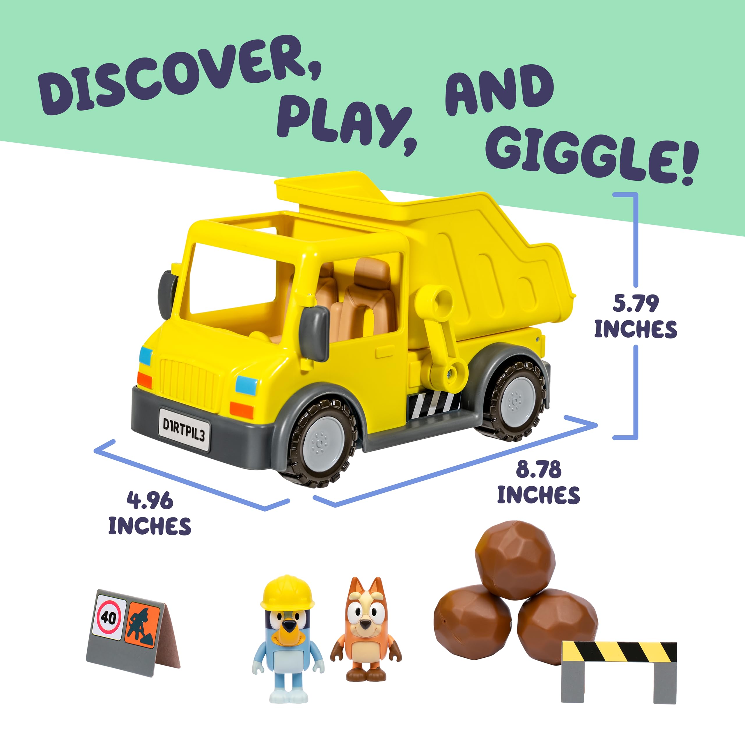 Bluey Sturdy Working Toy Dump Truck with 2 Articulated Figures and 3 Huge Boulders