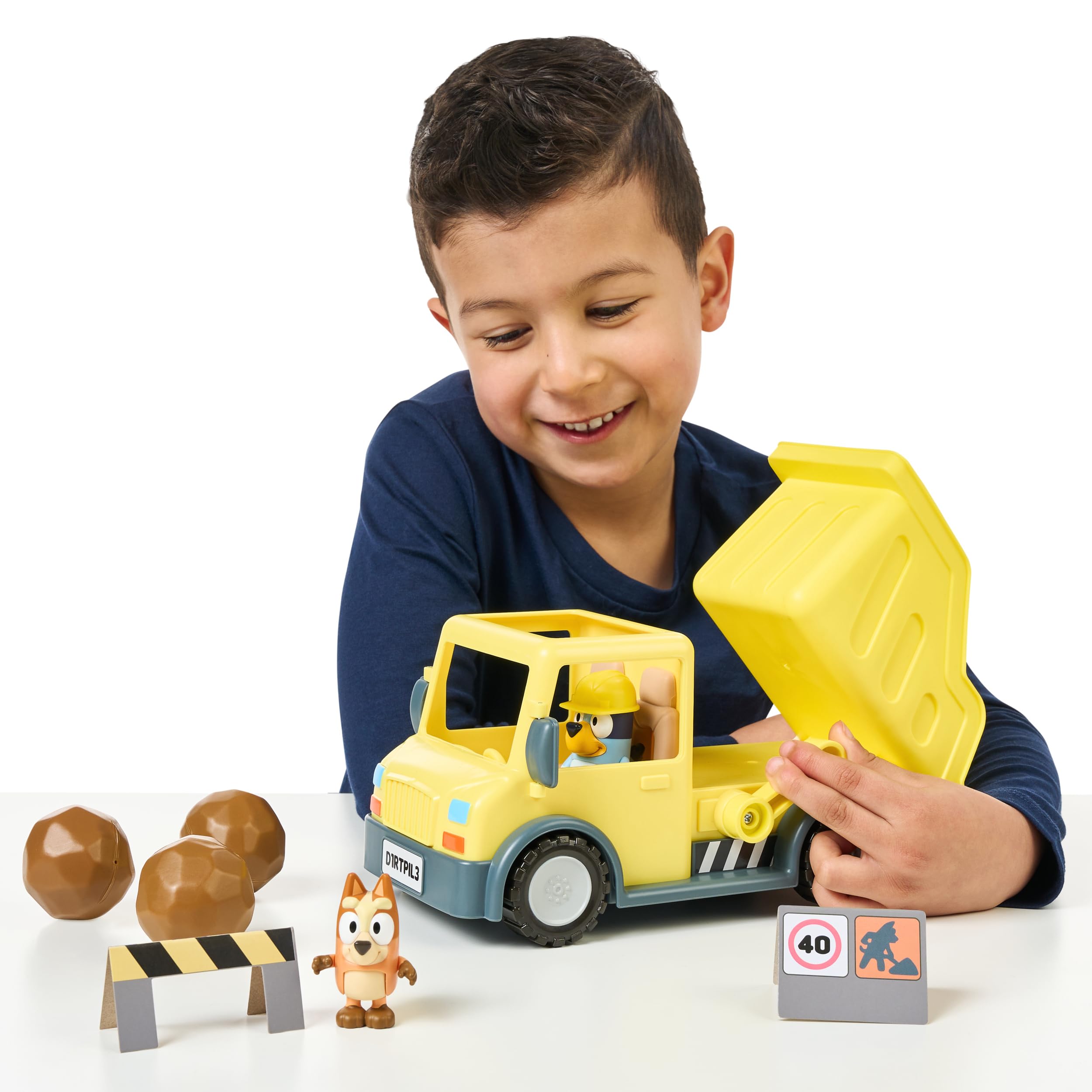 Bluey Sturdy Working Toy Dump Truck with 2 Articulated Figures and 3 Huge Boulders